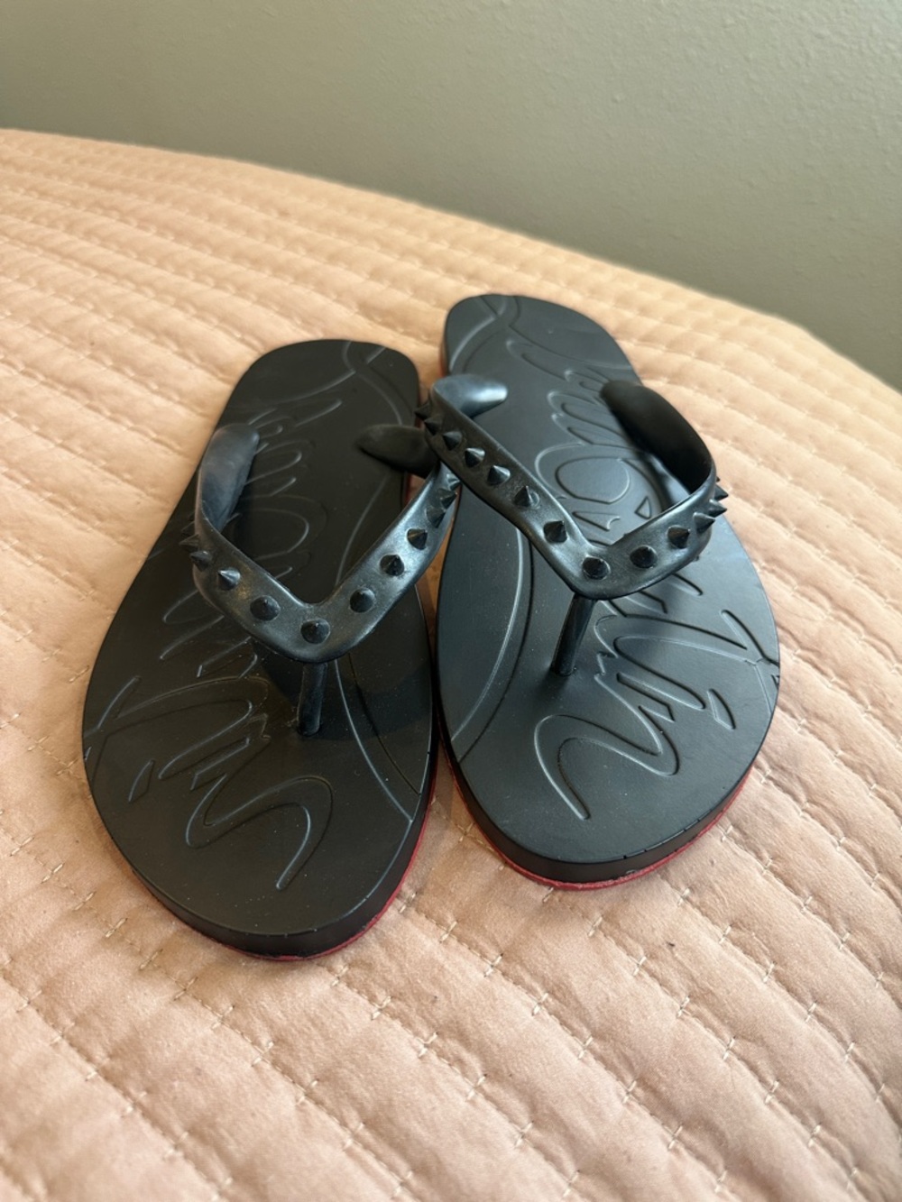 Christian Louboutin Black Studded Rubber Flip Flops